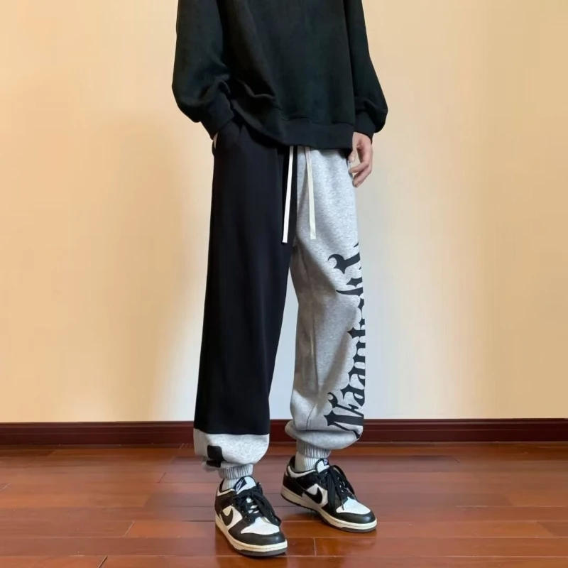 Spring Autumn 2024 Korean Men's Patchwork Contrast Color Printed Letters Drawstring Elastic Waist Loose Sports Casual Wei Pants