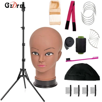 Adjustable Tripod Wig Stand With Bald Mannequin Head Training Manikin Head And Wig Install Kit For Making Wigs Display Styling