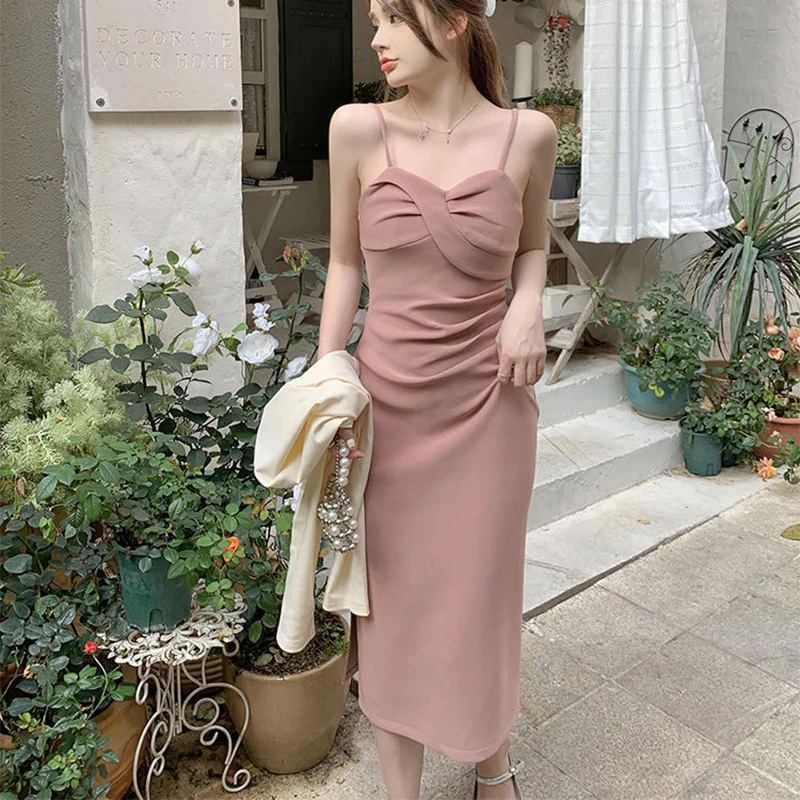 

Summer Spaghetti Strap Women Mid Calf Dress French Split Fork Fashion Harajuku Elegant Clothing Evening Party Dating Black Pink