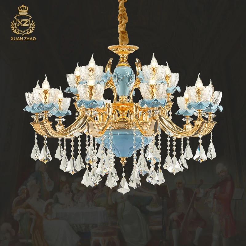 

XUANZHAO European Living Room Pendant Lamp French Villa Blue Ceramic Crystal Restaurant Chandelier Lights