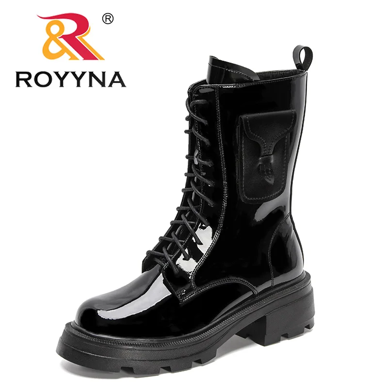 

ROYYNA 2022 New Designers Ankle Boots Women Black Platform Patent Leather Short Boots Ladies Fashion Mid Heels Round Toe Booties