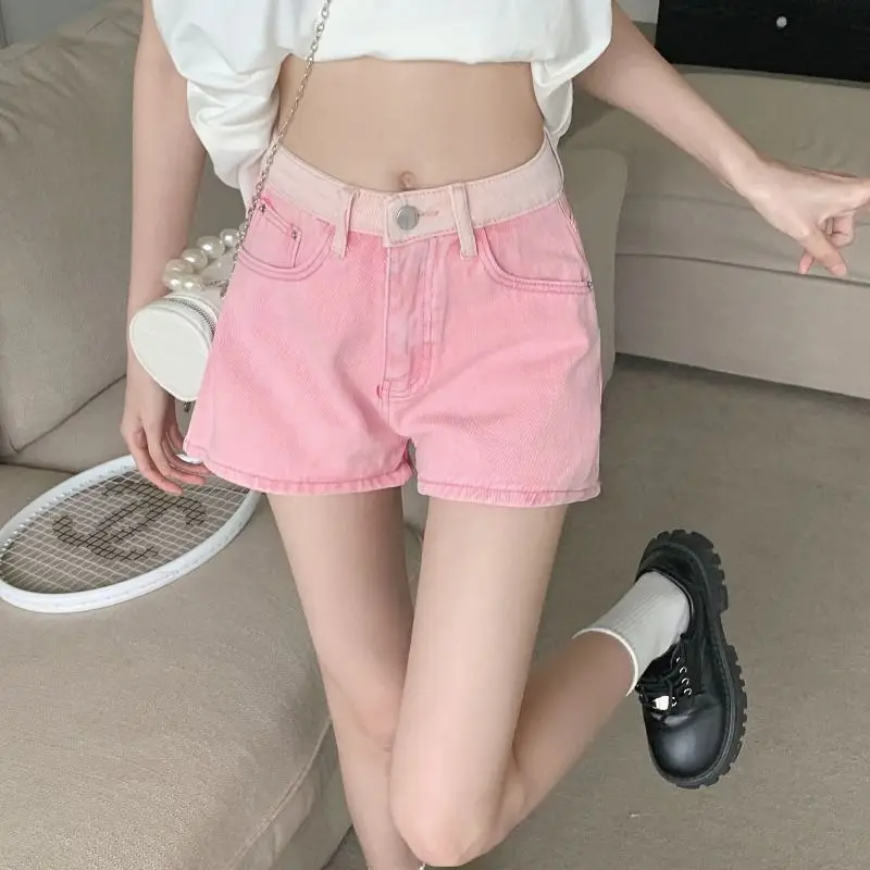 Denim Shorts Pink Patchwork High Waist 2024 Women'S Summer New Thin Style Design Straight American Wide Leg Hot Pants