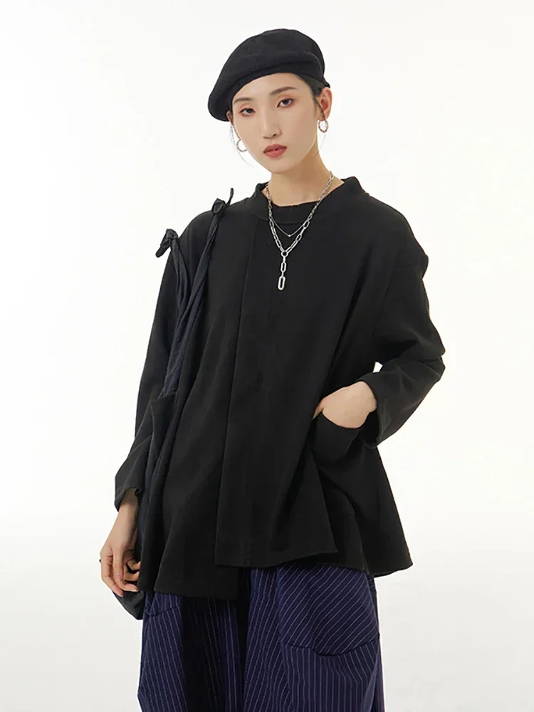 

XITAO Fashion Casual T-shirt Solid Color Irregular Splicing Hem Simplicity Long Sleeve Pullover Women Top Spring New WLD8969