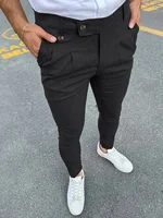 2024 Spring Summer New Casual Suit Trousers Men Vintage Solid Color Slim Pencil Pants Fashion Button Waist Design Mens Trousers