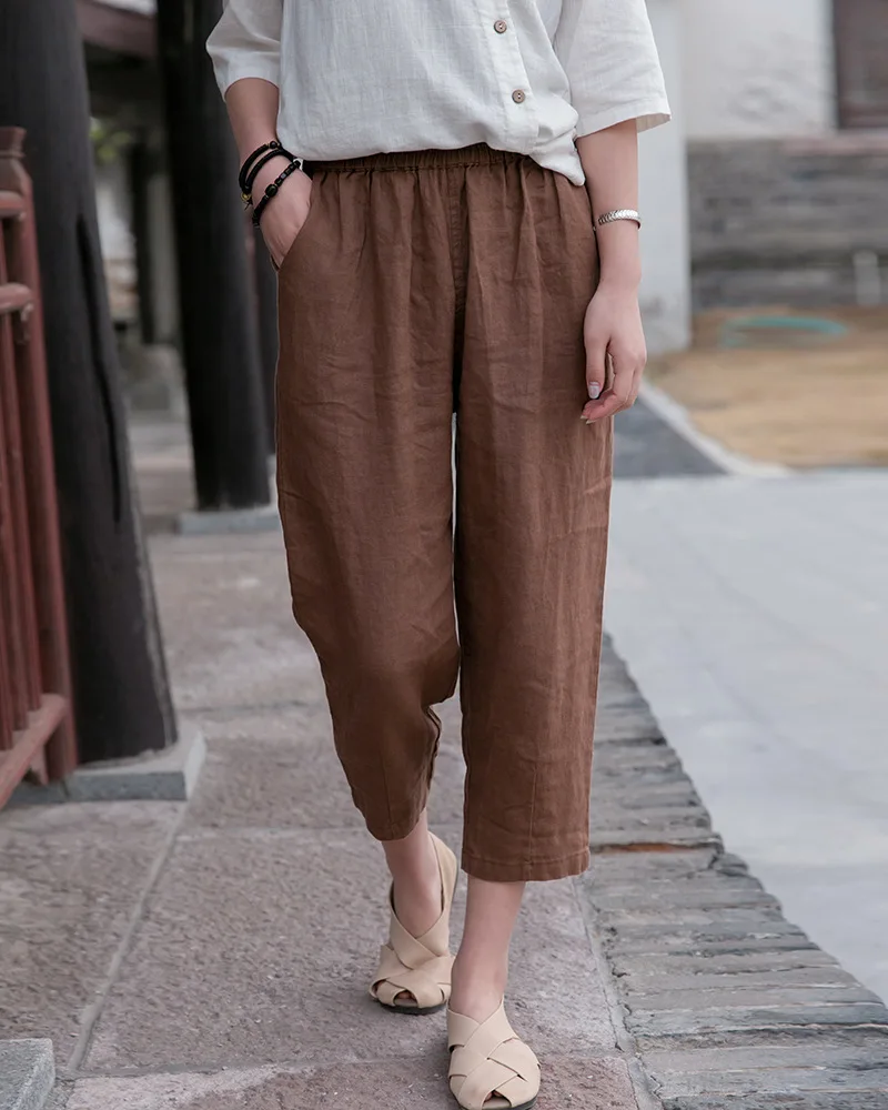 2022 New Style Loose Women Calf-length Pants Spring Summer Solid Cotton Linen Women Pants RV658 white capris