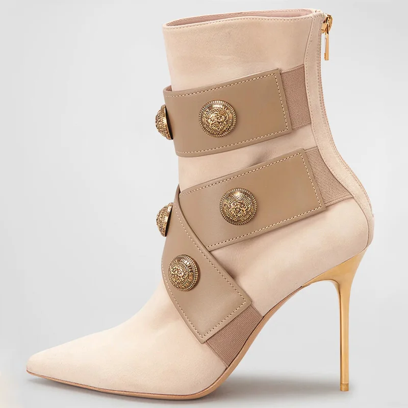

Large Size 45 Retro Metal Ornaments Women Pointy toe Ankle Boots Wide Fit High Heels Shoes Stiletto Short Booty Dress Pumps