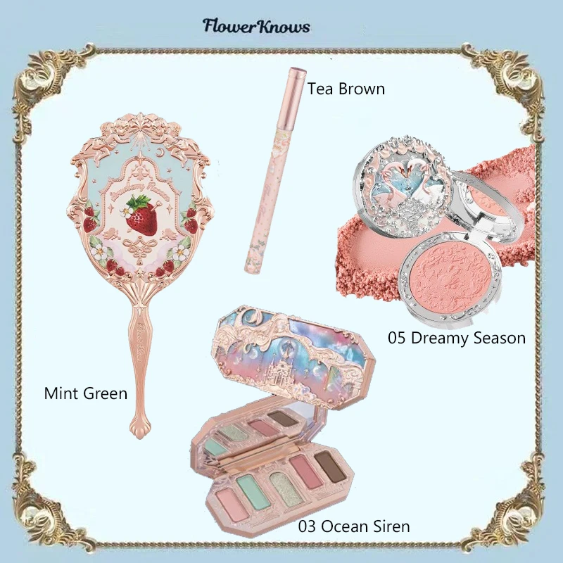 Flower Knows Makeup Set Mermaid Eyeshadow Palette Matte Swan Setting Powder Strawberry Violet Mirror Hair Clip 4Pcs Kit 4