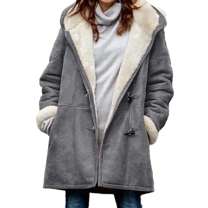 

Casual Thickened Long Sleeved Cowhide Button Women's Coat with Hat Winter Fashion Warm Velvet Solid Ladies New Outwears 30431
