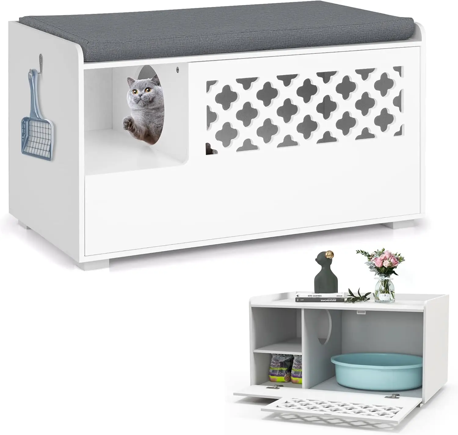 Cat Cabinet for Cat Litter Tray, 4 in 1 Cat House Shoe Bench Side Table, Cat Cave with Entrance & Hook & Removable Cushion