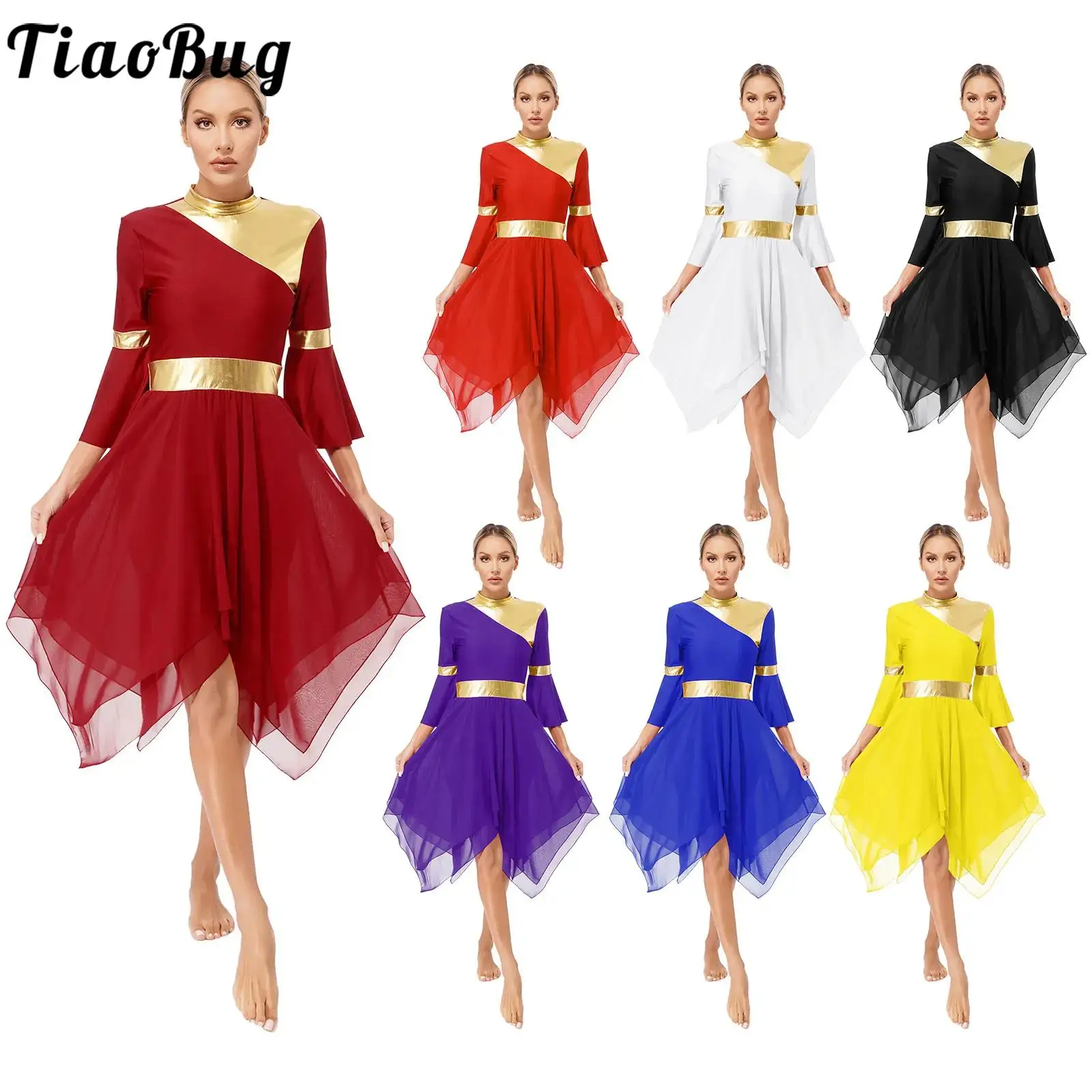 

TiaoBug Womens Contrast Color Patchwork Liturgical Dance Dress Mock Neck 3/4 Flare Sleeve Asymmetrical Hem Dresses