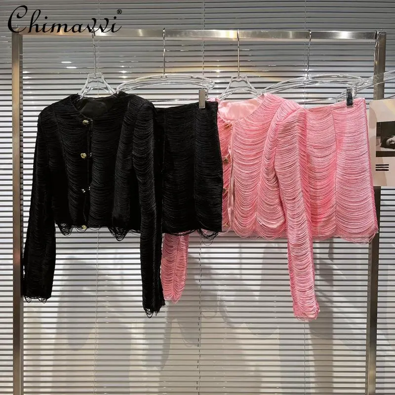 

Elegant Ladies Two-Piece Set 2022 Autumn New Fashion Tassel Line Padded Shoulder Short Suit Jacket Skirt Ladies High-End Suit