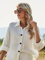 Plus Size New Summer Casual Tops Button Women Turn Down Collar Long Sleeve Solid Color Simple Shirts Office Lady Elegant Blusas