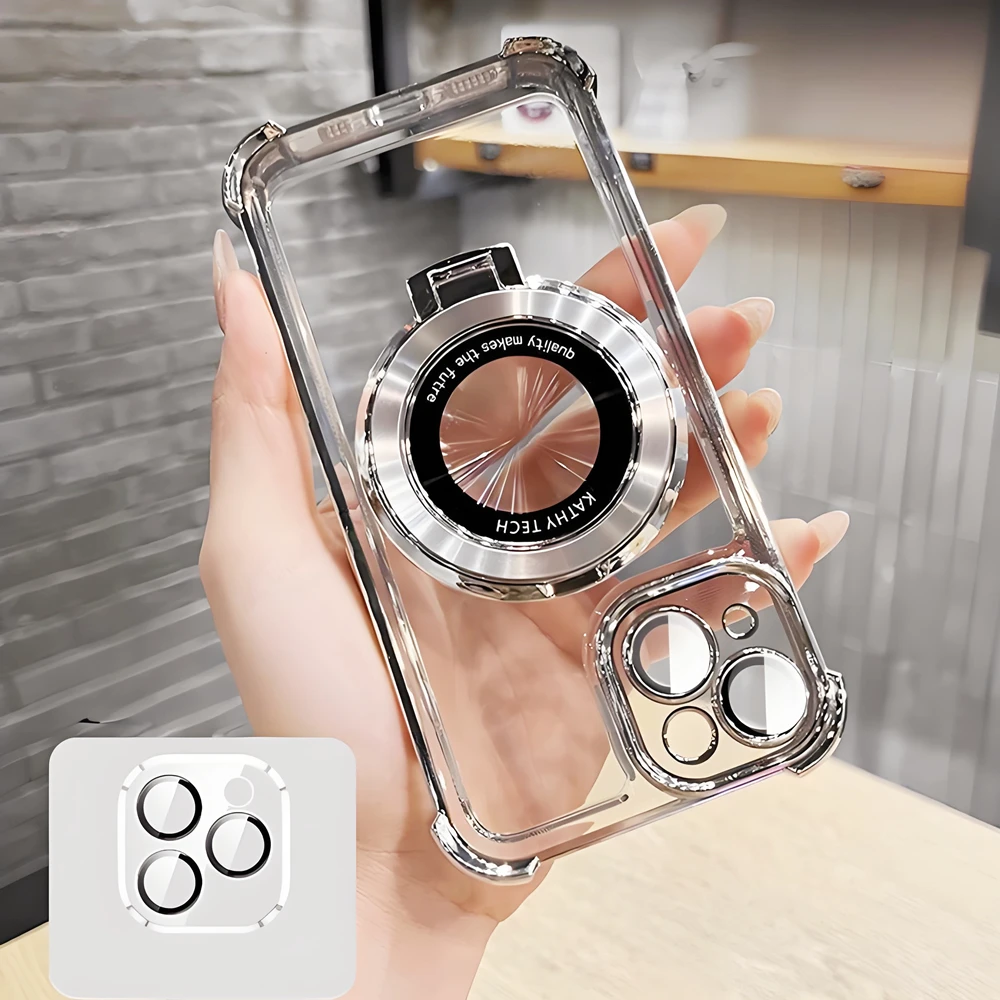 Fashion Plating Shockproof Magnetic Bracket Case with Stand Holder and Clear Cover