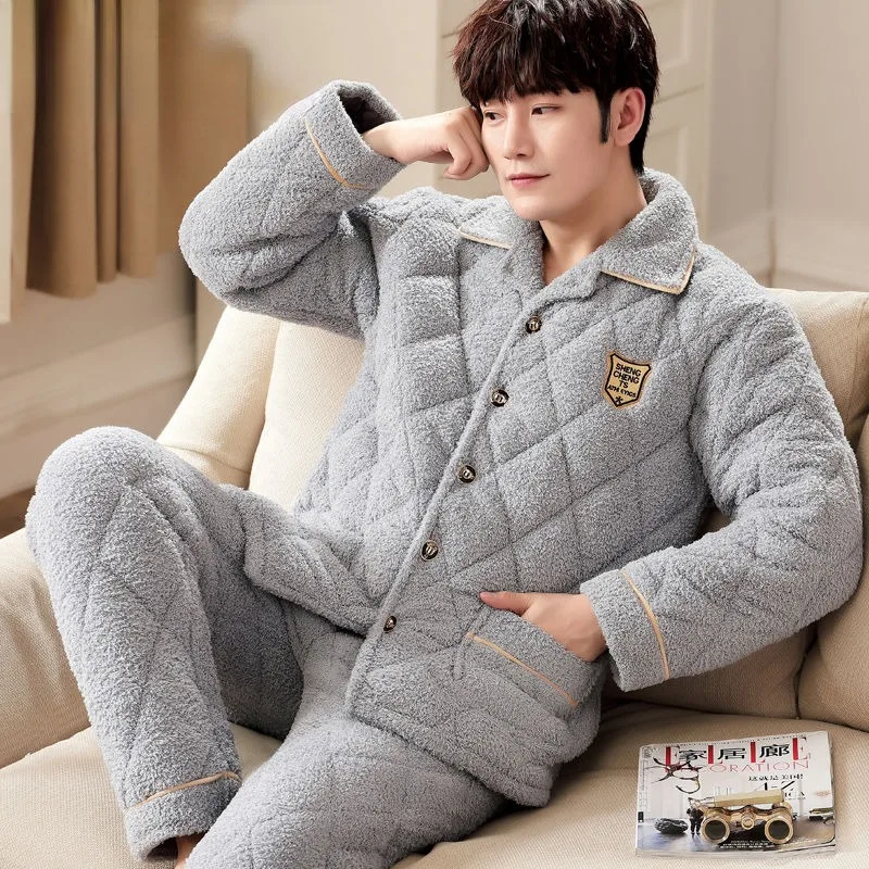 2023 New Winter Men Three-layer Cotton Coral Velvet Pajamas Thickened Warm Nightwear Loose Loungewear Flannel V-neck Sleepwear