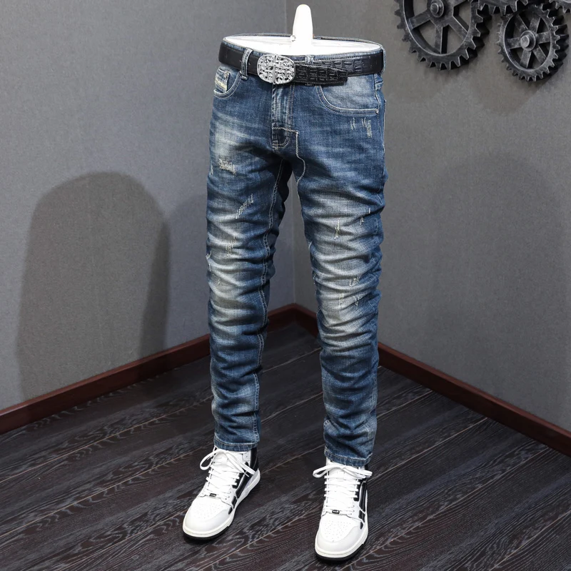 Italian Style Fashion Men Jeans Retro Blue Elastic Slim Fit Ripped Jeans Men High Quality Vintage Designer Denim Pants Hombre
