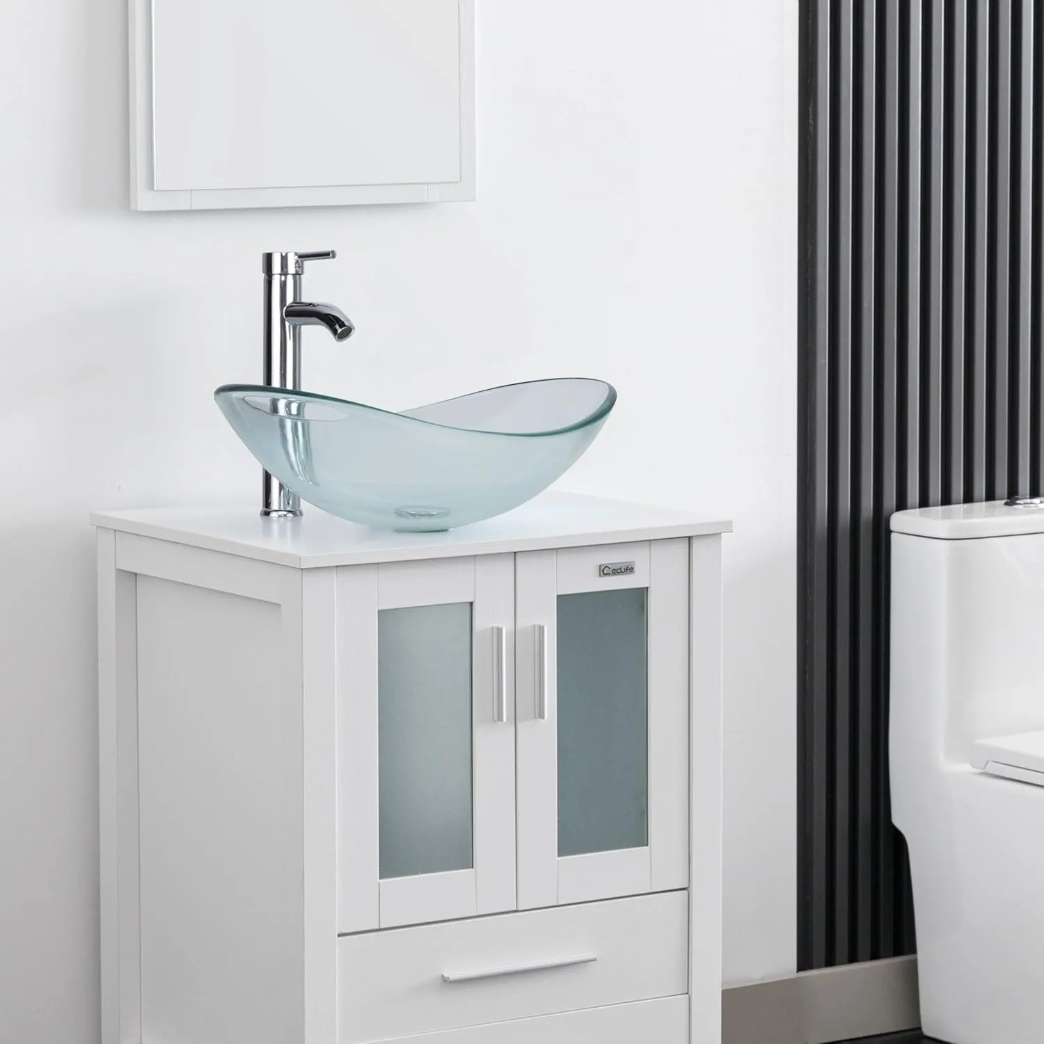 21.5" Bathroom Vessel Sink Modern Artistic Single Clear Boat Tempered Glass Basin Bowl Sink, W/Water Save Faucet Pop Up Drain 2
