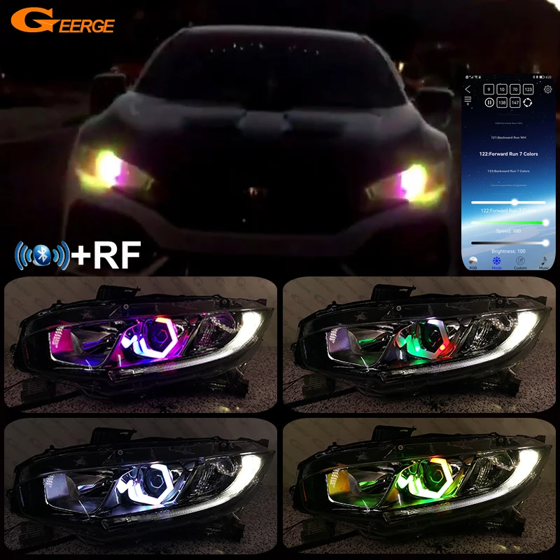 

For Honda Civic 9th 10th 11th Gen BT App Multi Color RGB Led Angel Eyes Hex Halo Rings Dynamic Sequential Turn Signal Lights DRL