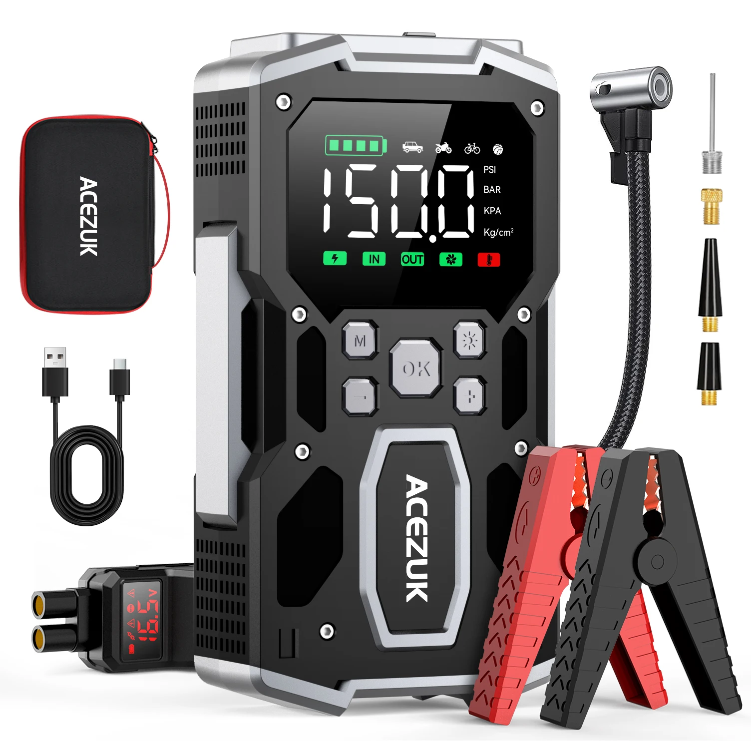 Car Jump Starter Power Bank Portable 150PSI Air Pump 12V Battery Booster 5000A for ALL Gasoline and 10L Diesel Engines car jump starter,jump starter