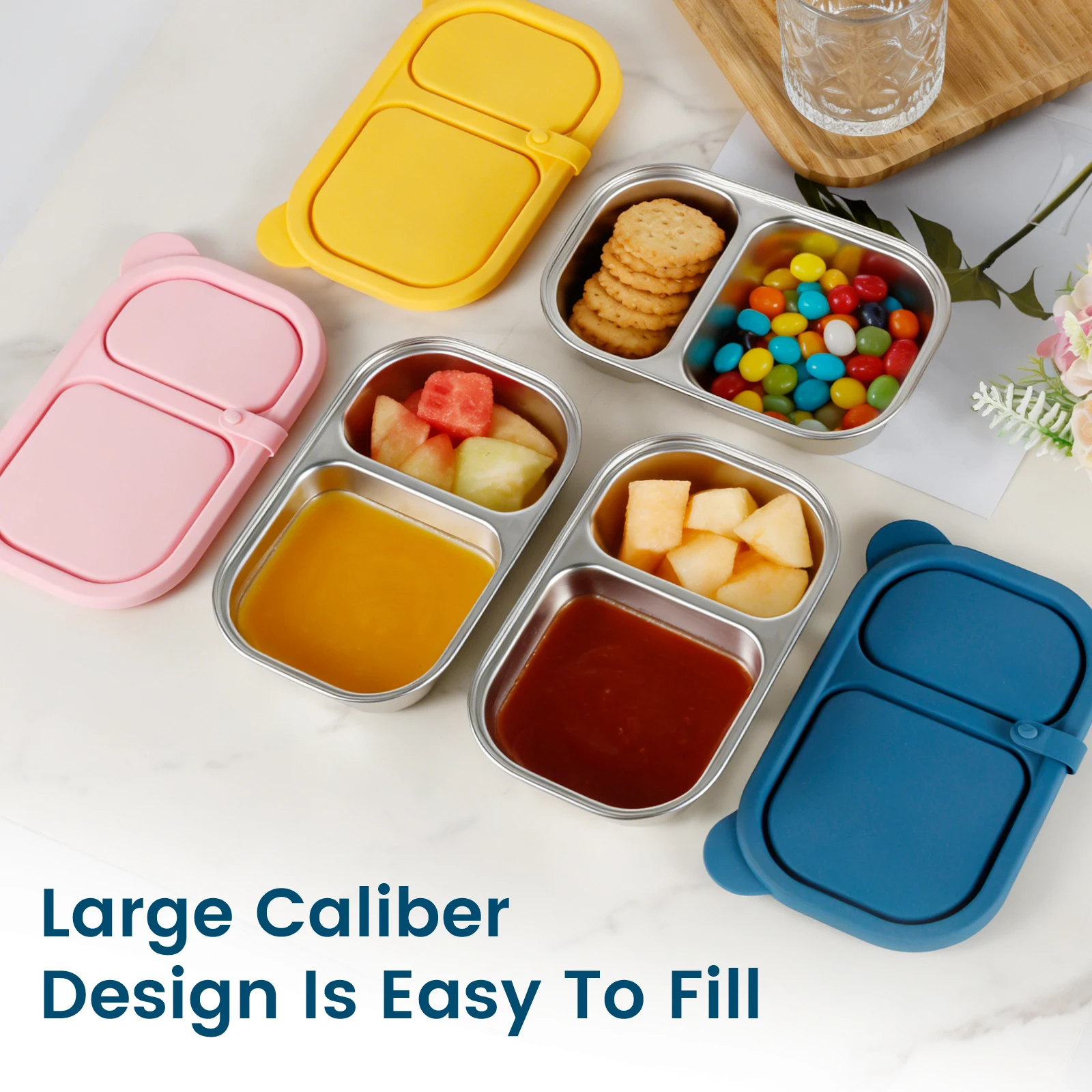 3/4Pcs Snack Container Stainless Steel Sauce Box with Silicone Lid 150/420ml 2 Compartment Food Storage Box Portable Dip Case