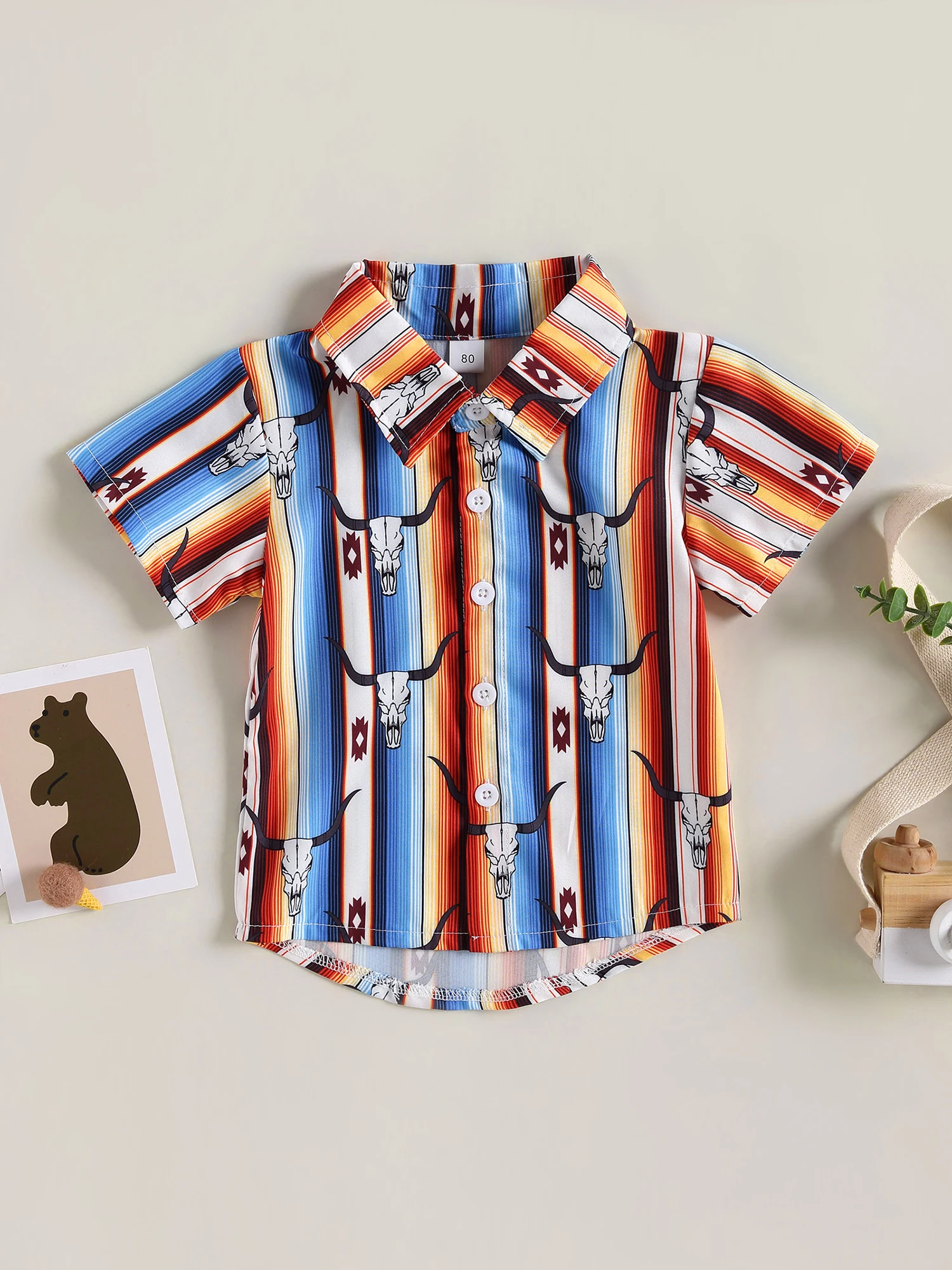 Boys Casual Loose Short Sleeve Shirt Lapel Bull Print Street Party Tops for Spring and Summer
