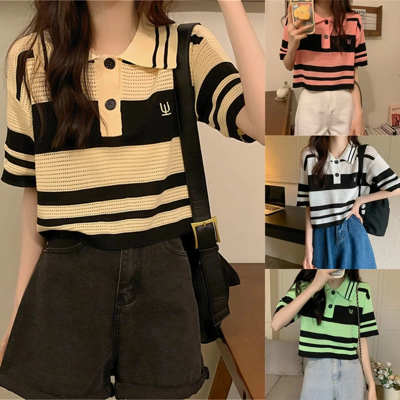 

Women Summer Short Sleeve Hollow Out Knit T-Shirts Lapel Collar Button Up Contrast Color Striped Casual Loose Crop Top