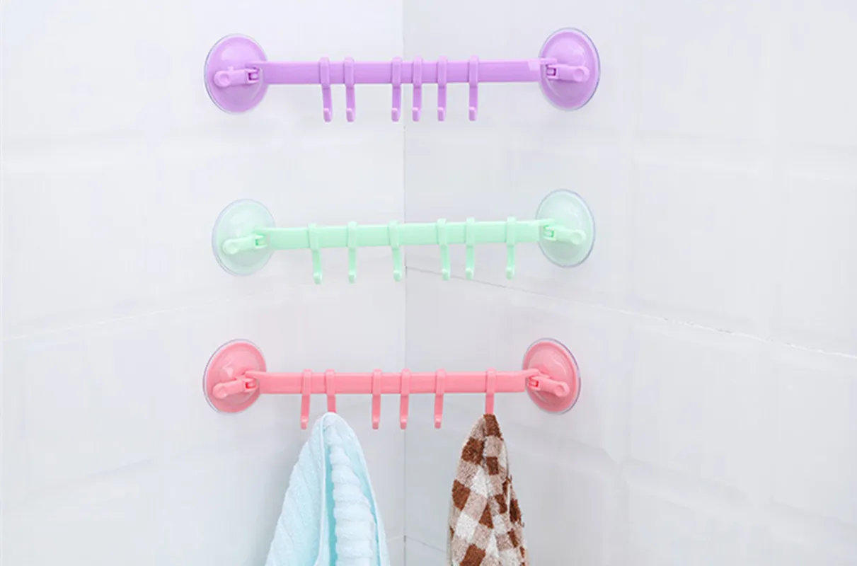 6 Hooks Plastic Suction Cup Kitchen Hanger Organizer Bath Towel Clothes Bathroom Hook Cooking Tool Vacuum Storage Rack Free Nail