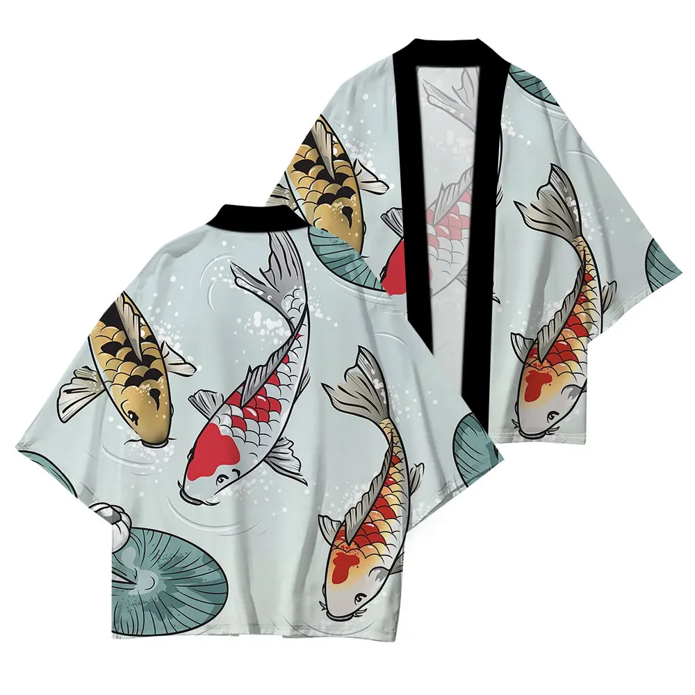 Kimono Koi Carp Print Tradizionale Haori Kimono Donna Uomo Cappotto Harajuku Kimono Cardigan Camicia Streetwear Mantello Aperto Davanti Outwear