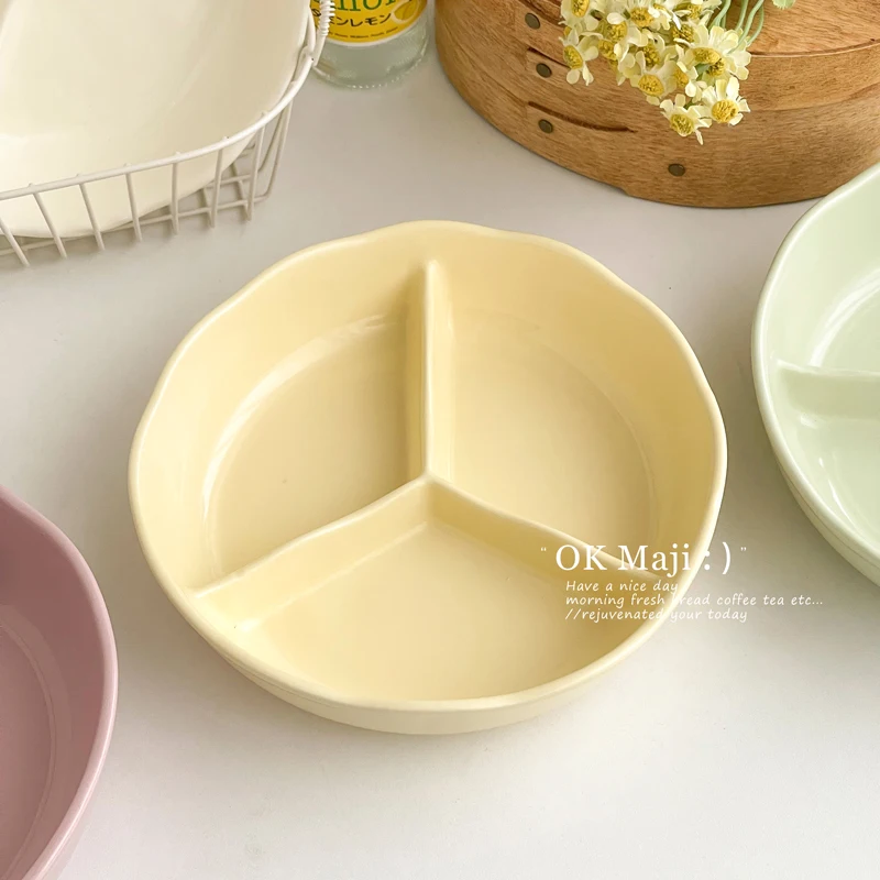 Exquisite Divided Plate High-end Household Ceramic Plates Solid Color Large Capacity Breakfast Dish Simple Fruit Salad Tableware