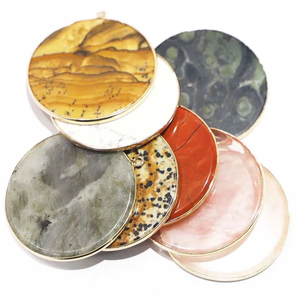 50MM Natural Stone Round Bag Gilt Edged Necklaces Pendants Mineral Healing Charms Fashion Diy Jewelry Accessories Wholesale 6Pcs