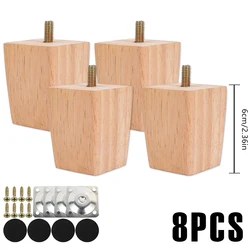 Set of 4/8 Solid Wood Square Furniture Legs with Screws and Mounting Plates - Multiple Height Options (Wood Color-6cm-8Pcs)