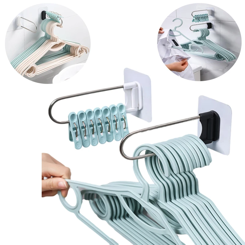 

Stainless Steel Clothes Hanger Storage Rack Wall Mounted Hook For Clothespin Self-adhesive U-shaped Wall Hook Bathroom Organizer