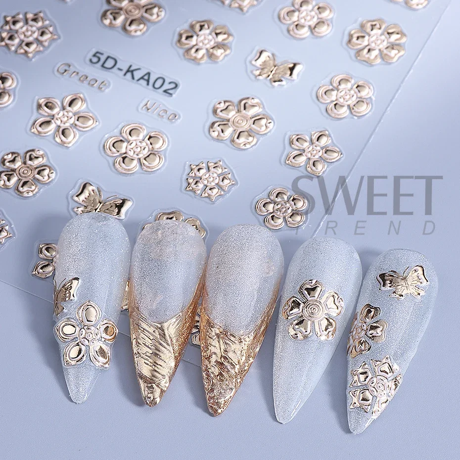 5D Nail Stickers Golden Silvery Flower Leaf Lace Design Geometry Line Nail Art Sliders Manicure Nail Supplies Decal Decorations