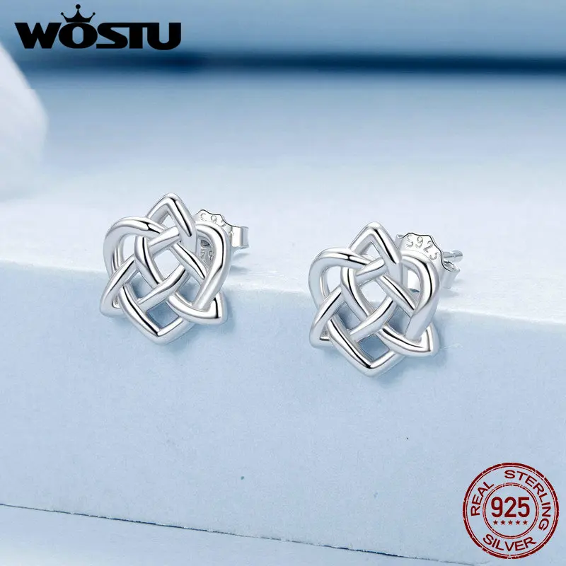 WOSTU 925 Sterling Silver Celtic Knot Stud Earrings for Women Hollow Studs Punk Accessories love Party Ring Jewelry Wedding Gift