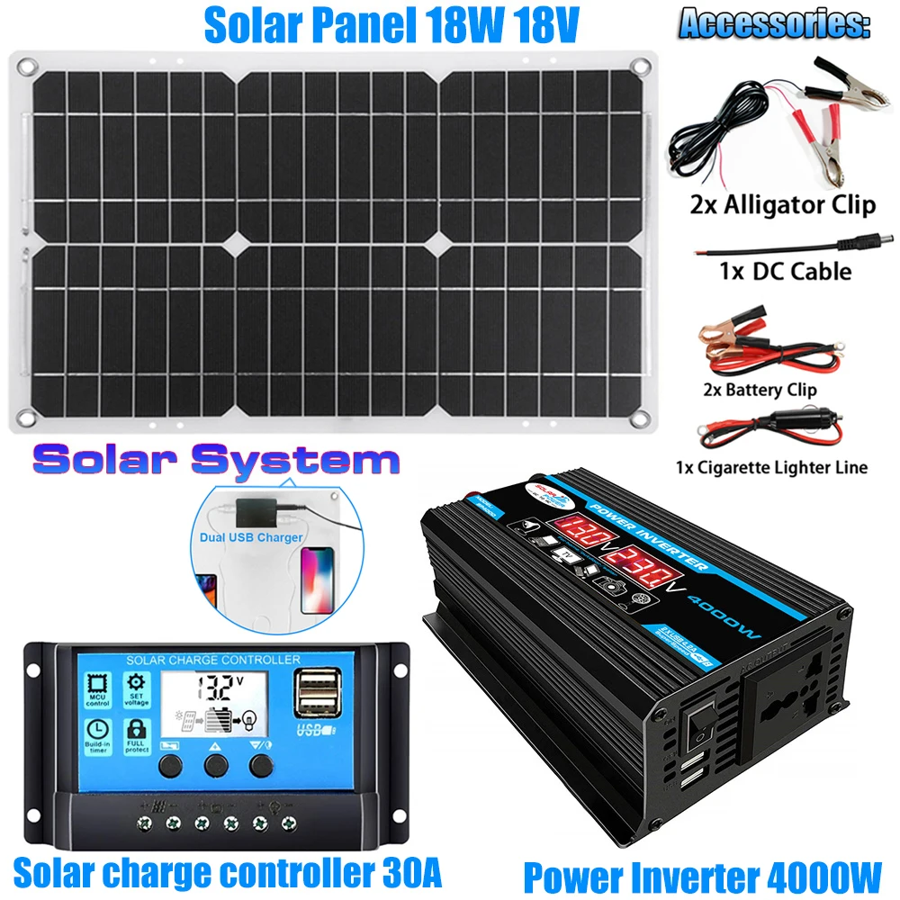 4000W Inverter Solare 18W Sistema Di Energia Solare Caricabatterie Pannello Solare Kit Completo Regolatore Solare 30A Car Van Boat Camper