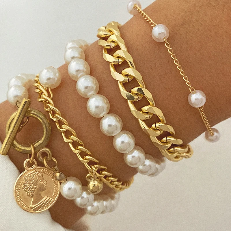 Boho Fashion Bracelets For Women Vintage Geometric Pearl Human Head Coin Pendant Jewelry Gift For Female