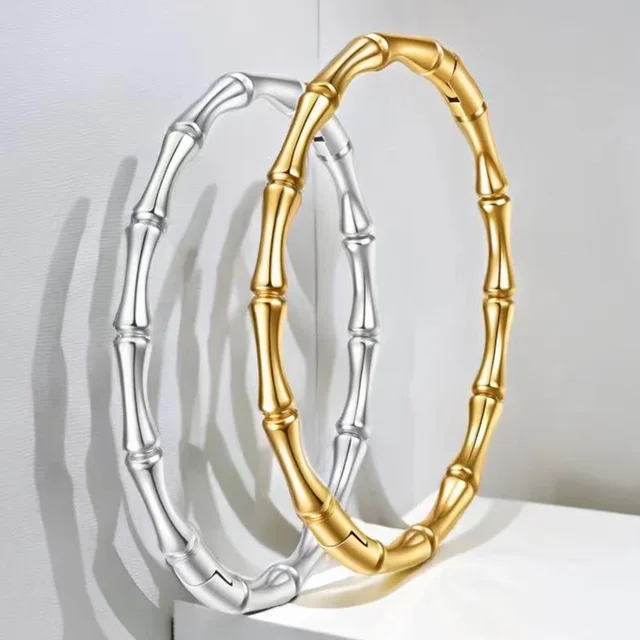 Stainless Steel Gold Color Bamboo Cuff Bracelets Bangles for Woman Wedding Female Luxury Bracelets Jewelry Gift 4