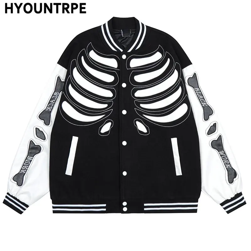 Mens Streetwear Jacket Bone Skeleton Baseball Bomber Jacket Retro Jacket Coat Hip Hop Harajuku Loose Jacket Oversized Unisex