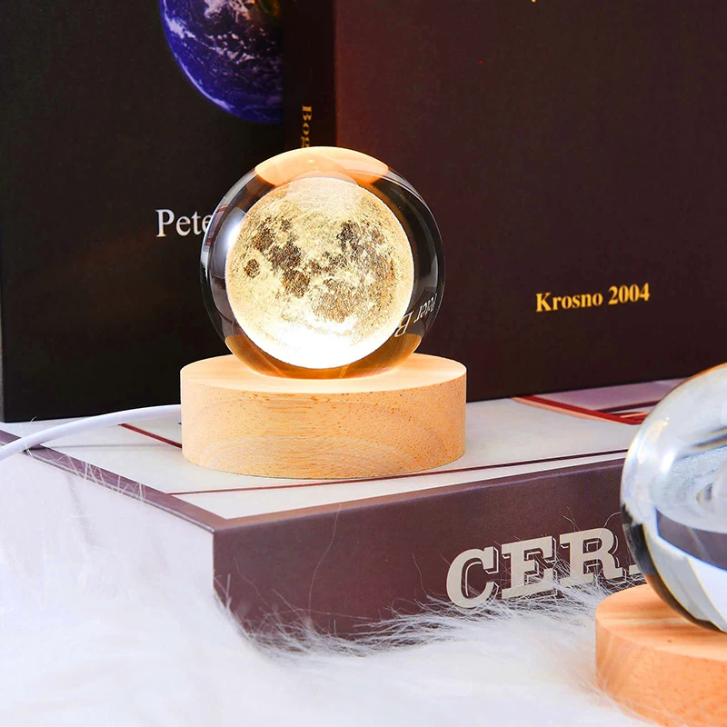 3D Moon Crystal Ball Night Light Ornament Galaxy Sistema Solare Pianeti Space Glass Ball Home Decor Child Crystal Balls Led Light
