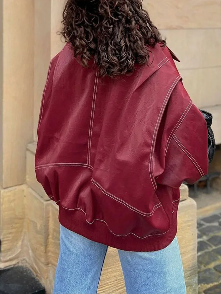 Fashion Patchwork Lapel Long Sleeve Coats Vintage Red Zipper Leather Jacket For Women 2024 Autumn Winter Female Casual Outerwear 3