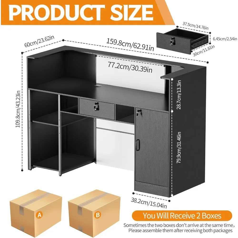 Modern Reception Desk with LED Lights, 63 Inches Front Counter Table with Lockable Drawer & Shelves, Checkout Counter 2
