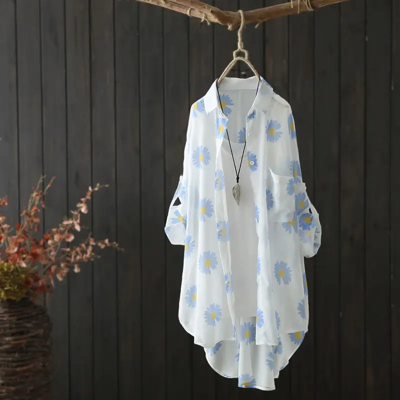 

Summer Women's Loose Shirt Flowers Printed Sexy Button Up Casual Tops Long Sleeve Turn Down Collar Beach Sunscreen Blouse A559