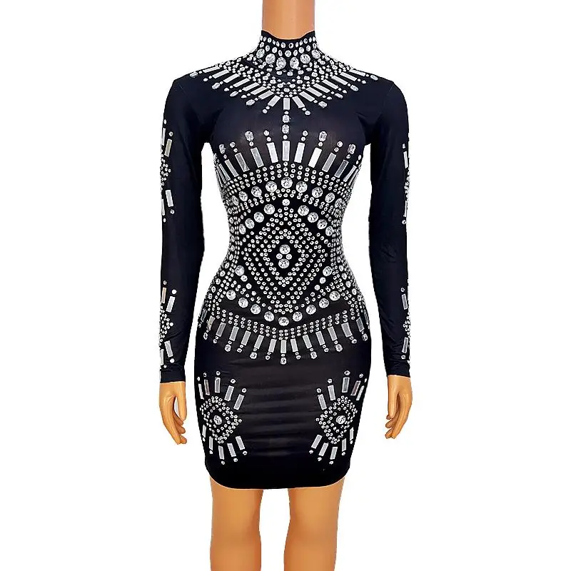

Sparkly Rhinestones Sequins Black Skinny Short Dress Stage Wear Evening Birthday Prom Celebration Festival Outfit Singer Costume