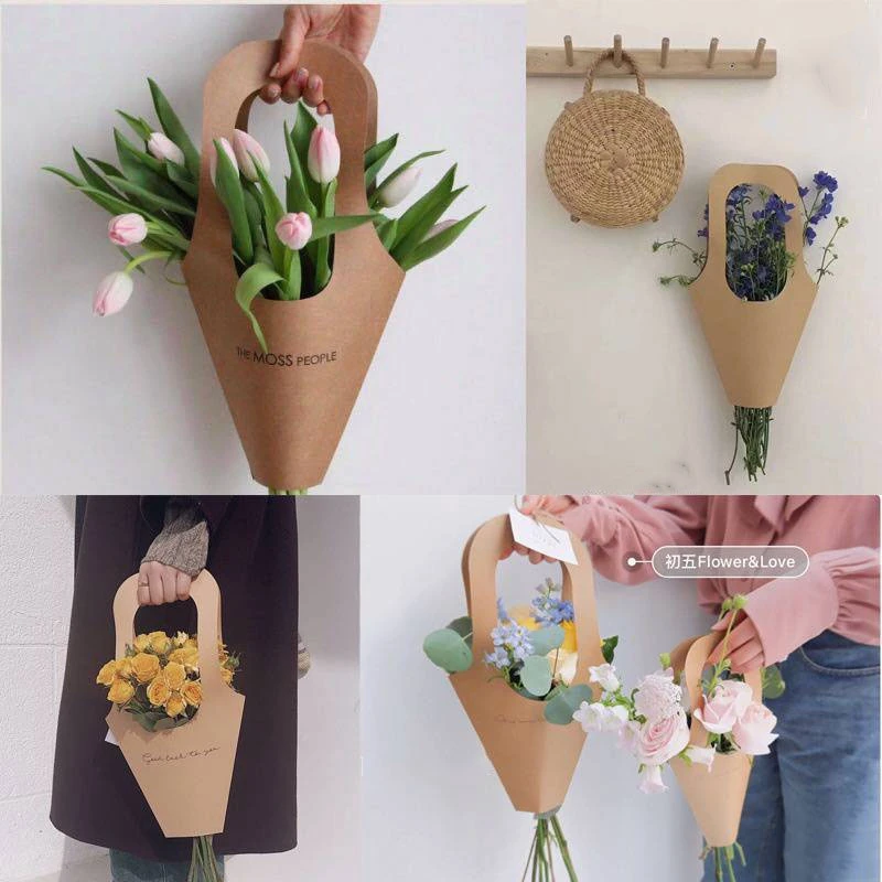 10pcs Handle Kraft Paper Flower Bags Flowers DIY Wrapping Gift