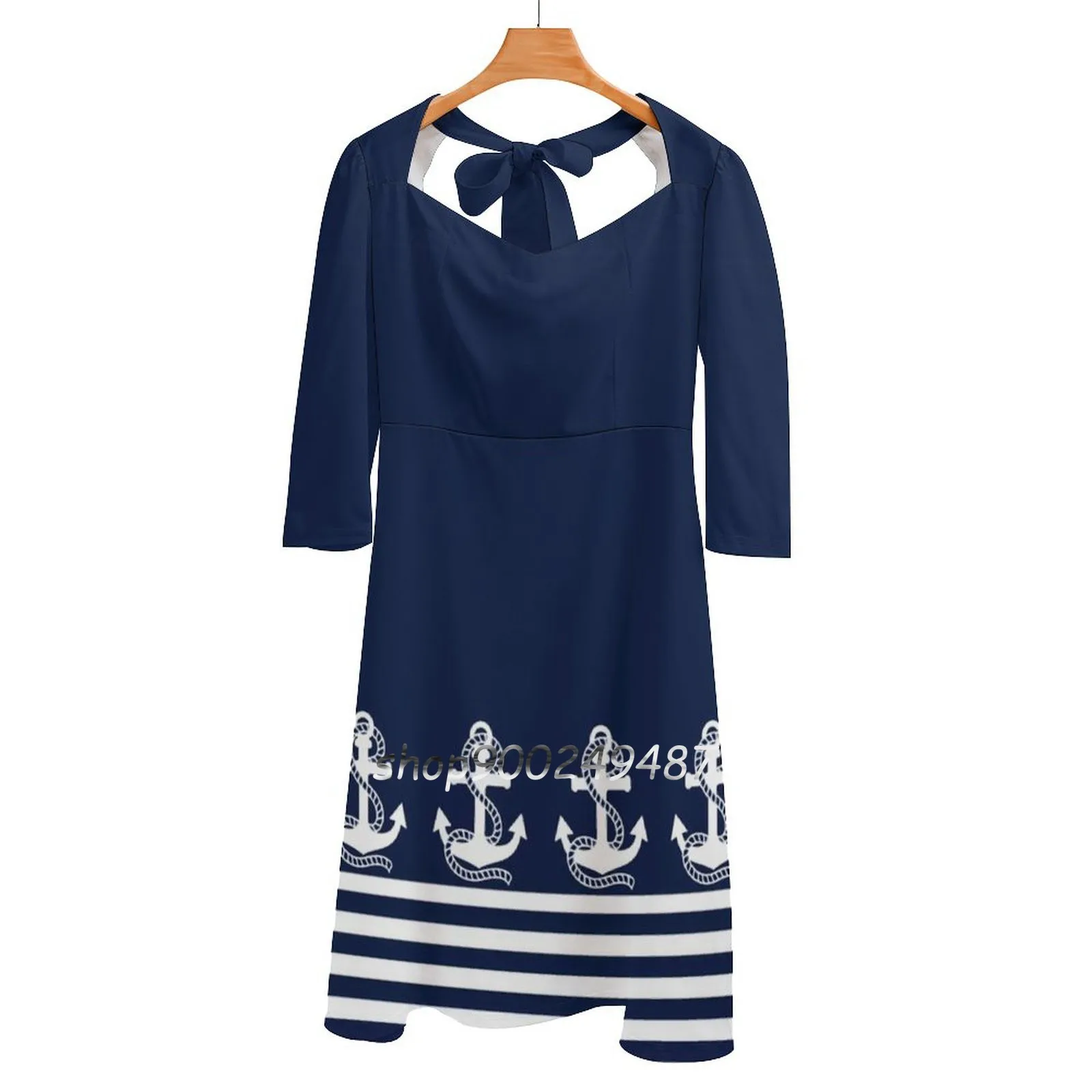 

Nautical Navy Blue Stripes And White Anchor Square Neck Dress Sweet Summer Dress Women Elegant Halter Print Dress Anchor