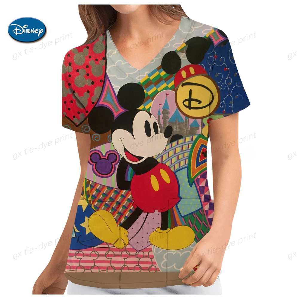 

T Shirts Minnie Mouse T-shirts V Neck Woman Clothes Hospital Tops Disney Top Women 2023 Nurse Uniform T-shirt Pocket Summer Tees