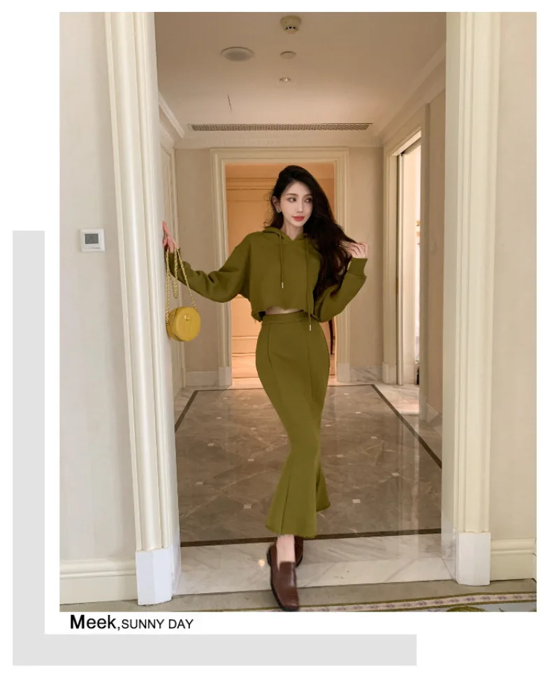 Vintage Casual Dresses Two-piece Hooded Sweatshirt and Midi Dresses Autumn and Winter New High Waist Solid Ankle Long Dresses