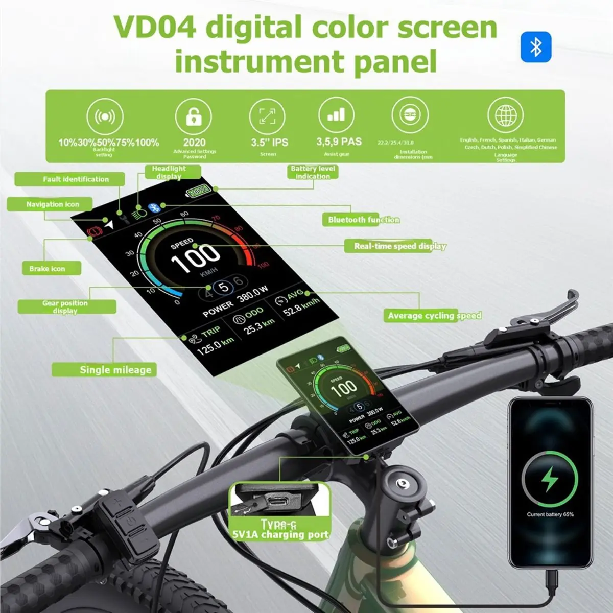 (CLOS) 전기 자전거 디스플레이 VD04 Bafang 모터용 블루투스 디스플레이 5핀 방수 EBike 패널 Ebike 부품 UART 프로토콜