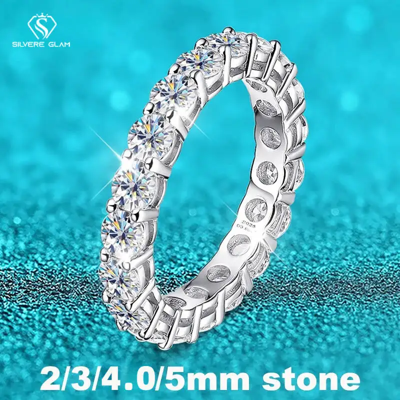 TY 2-5mm moissanita completa para mujeres bandas de eternidad de boda brillantes joyería de plata de ley 100% S925 anillo clásico D VVS1