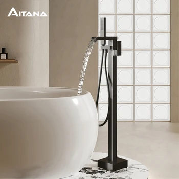 AITANA ก๊อกน้ําห้องน้ําตั้งพื้นทองเหลืองสีดําหรูหราพร้อมดีไซน์ช่องน้ําตก เครื่องผสมอ่างอาบน้ําร้อนและเย็น 1