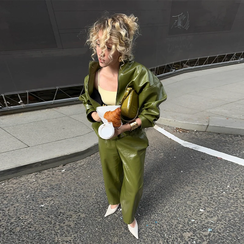 Street Zipper Leather Jackets Skirts Sets Women Loose Stand Collar Full Sleeve Coat Straight Skirt 2025 Autumn Winter Lady Suit S67c38df1b01043f08a717681f0838798V
